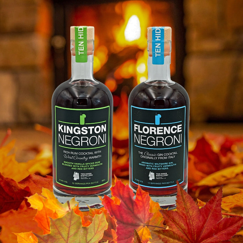 Two bottles of Kingston Negroni and Florence Negroni in front of a fireplace with autumn leaves.
