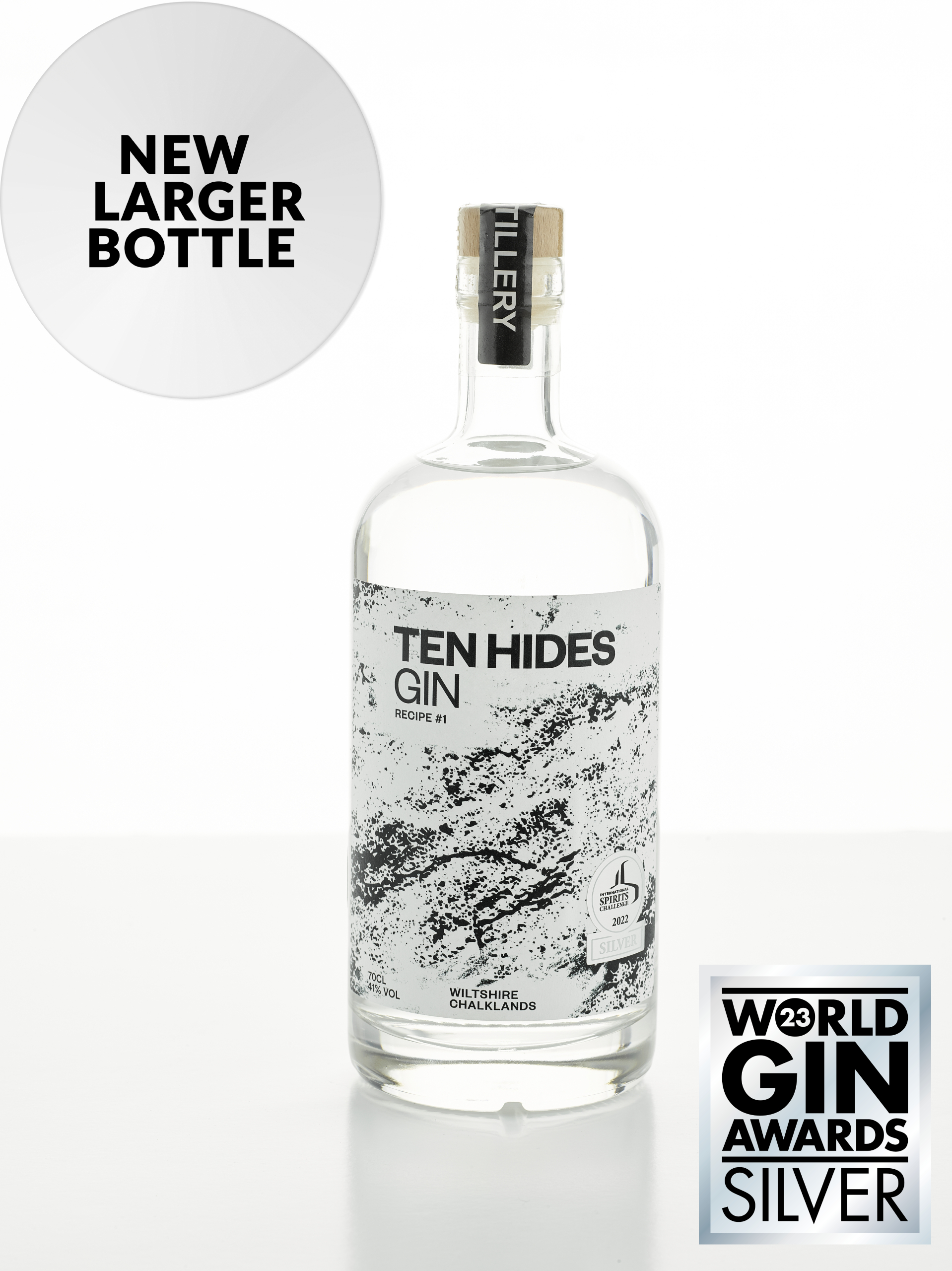 Ten Hides Gin 70cl bottle image with World Gin Award label